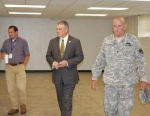 Williamston Councilmember Rockey Burgess (left) Mayor Mack Durham and Sgt. Tiimothy Green during a walk thru of the SC National Guard Armory in Williamston.