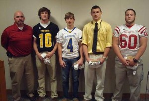 Week 8 honorees by the Anderson Area Touchdown Club included: Pictured (l-r) Doug Shaw, Jr., Palmetto High School; Defensive: Chandler Creswell, Crescent High School; Offensive: Bailey Rogers, Wren High School; Co-Linemen: Alex Haynes, Pendleton High School; Jack Wardlaw, Palmetto High School; Scott Smith AATC.